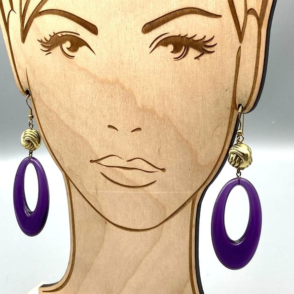 Unique Elongated Hoop Dangle Earrings, Gold Tone Vintage Knot drops to Purple - Picture 5 of 5